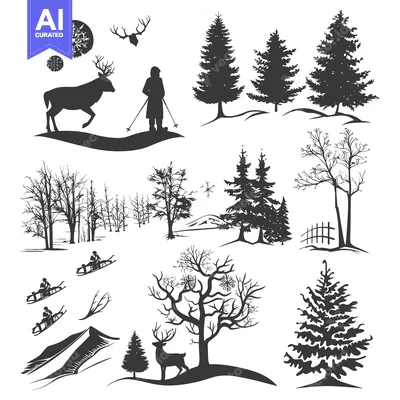 Winter Forest Silhouettes with Deer, Snowflakes, and People Sledding