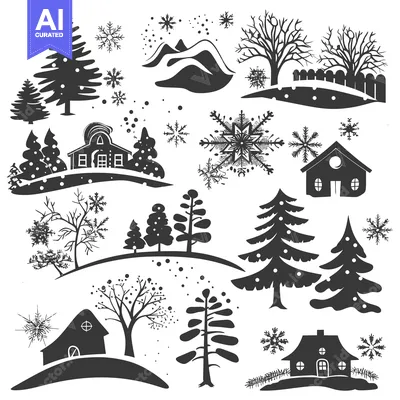 Winter Landscape with Snowy Hills, Trees, and Houses