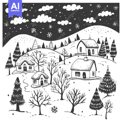 Winter Village Scene with Snow-Covered Houses and Trees