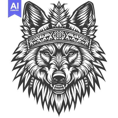 Wolf Head with Native American Headdress