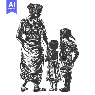 Woman and Two Children in Traditional Indigenous Attire