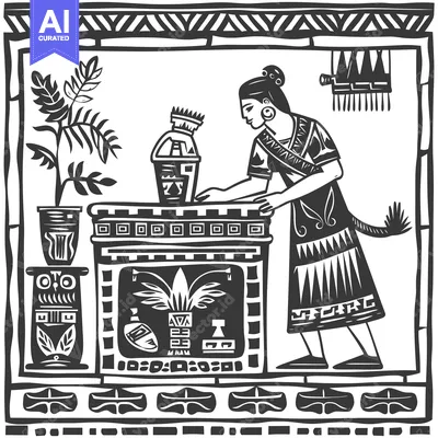 Woman Arranging Pottery in an Ornate Room with Plants