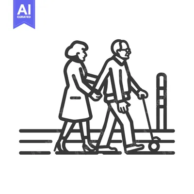 Woman assisting elderly man with walker on sidewalk