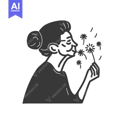 Woman Blowing on a Dandelion with Seeds Flying Away