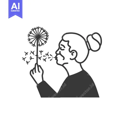 Woman Blowing on a Dandelion with Seeds Flying Away