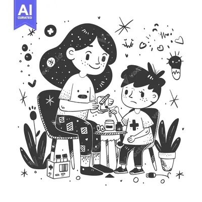 Woman Giving Medicine to a Boy in a Hand-Drawn Style