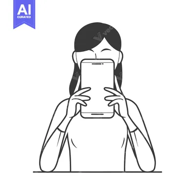 Aset premium populer: Woman Hiding Behind Smartphone, Line Art Illustration