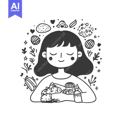 Aset desain premium: A Woman Holding a Bunch of Fruit and a Bottle of Liquid Surrounded by