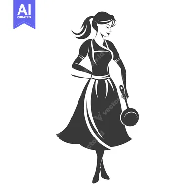 Aset desain premium: Woman in a Dress Holding a Frying Pan