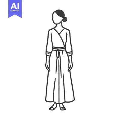 Woman in a long, belted, wrap dress, standing with her arms at her sid