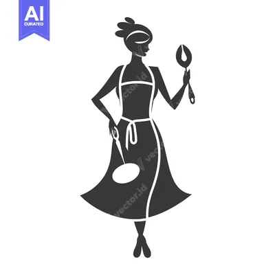 Woman in an apron holding a ladle and a frying pan