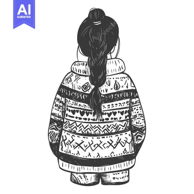 Woman in a patterned sweater with a braided ponytail, viewed from behi