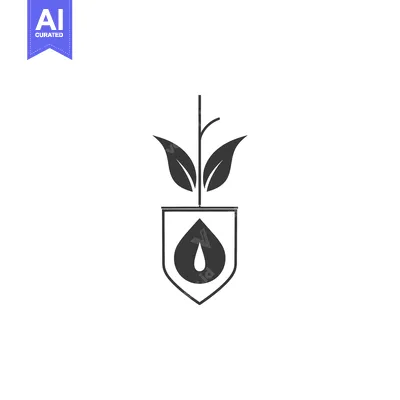 A black silhouette of a shield with a water drop and a plant sprouting