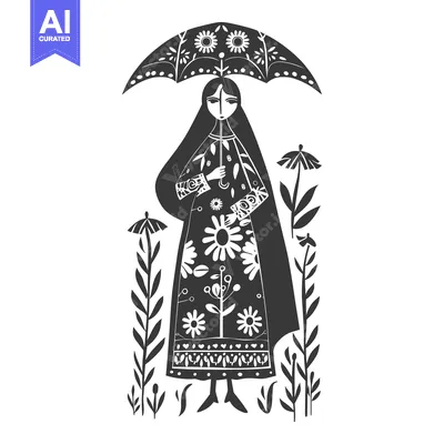 Aset desain premium: Woman in floral dress holding an umbrella with floral pattern
