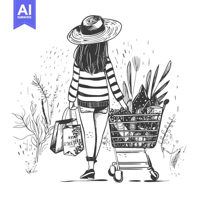 Woman in Hat Pushing a Shopping Cart Filled with Groceries