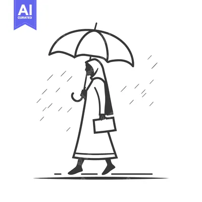Woman in Hijab Walking with Umbrella in the Rain