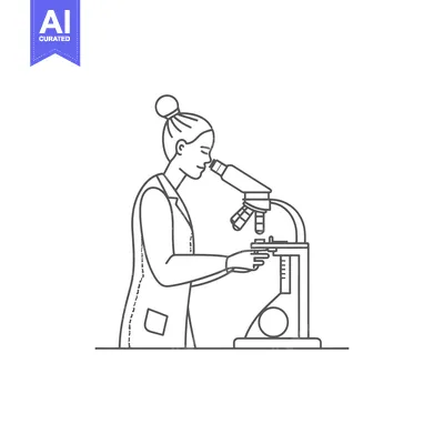 Woman in lab coat looking through a microscope