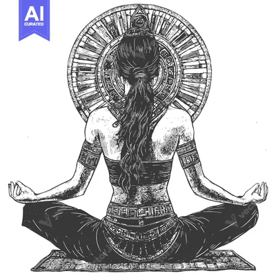 Woman in Meditation Pose with Intricate Patterns and an Overhead Halo