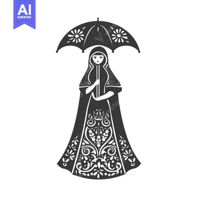 Woman in ornate dress holding umbrella with floral design