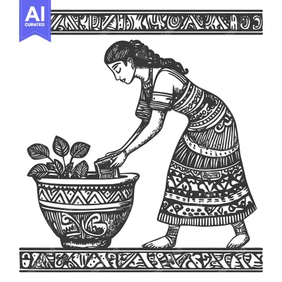 Woman in Traditional Clothing Watering a Plant in a Decorative Pot