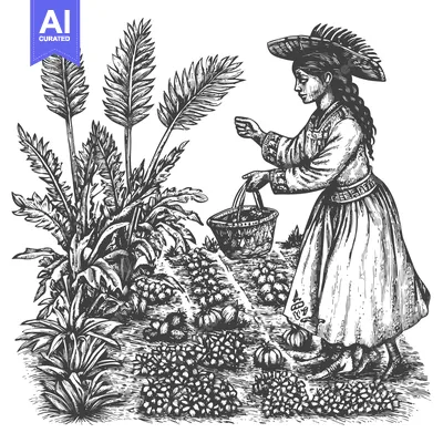 Woman in Traditional Dress Watering Plants with a Bucket