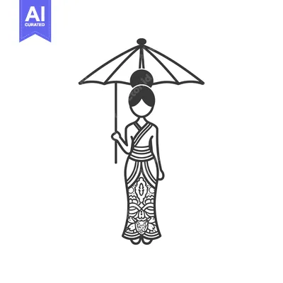 Aset desain premium: Woman in Traditional Dress with Umbrella