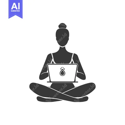 Woman in Yoga Pose Using Laptop with Water Drop Logo