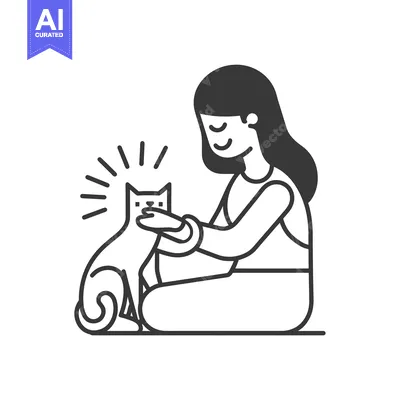 Woman Kneeling and Petting a Cat with a Happy Expression