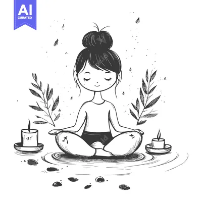 Woman meditating with candles and leaves in a sketch style