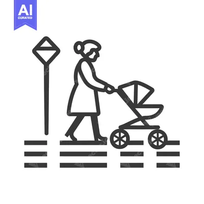 Woman Pushing a Baby Stroller Up a Curb with a Traffic Sign