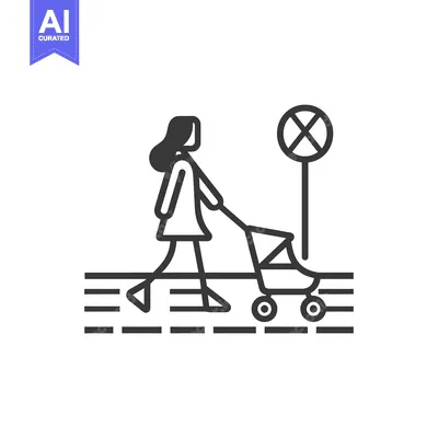 Woman Pushing a Stroller Across a Crosswalk with a No Vehicles Sign