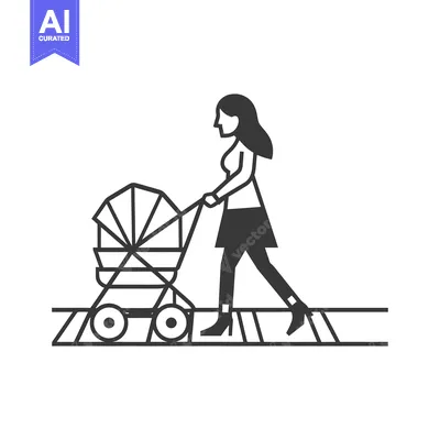 Aset desain premium: Woman pushing a stroller on a sidewalk
