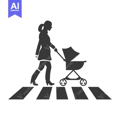 Woman Pushing Baby Stroller Across Crosswalk