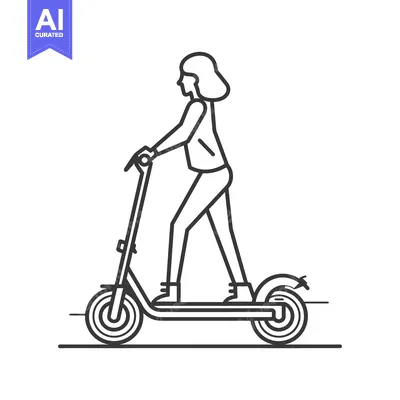 Woman Riding an Electric Scooter in Line Art Style