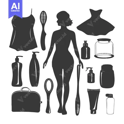 Woman Silhouette with Various Beauty and Hygiene Products