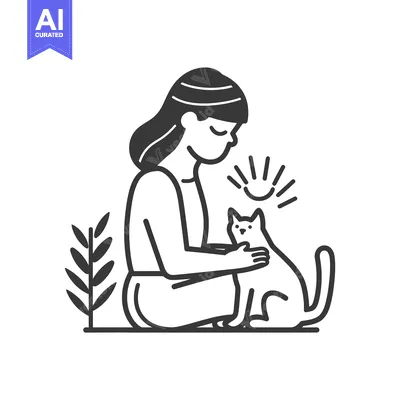 Premium design asset: Woman Sitting and Stroking a Cat with a Plant in the Background