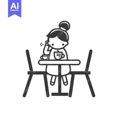 Aset desain premium: Woman Sitting at a Table with a Cup of Coffee