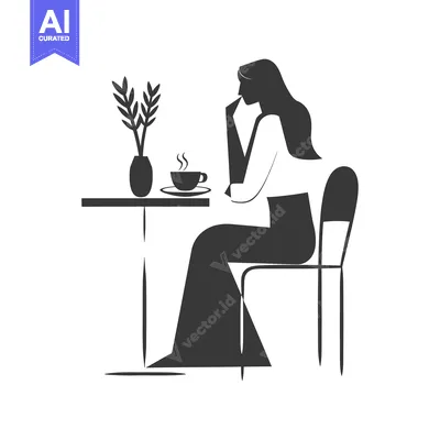 Woman Sitting at a Table with a Cup of Coffee and a Plant