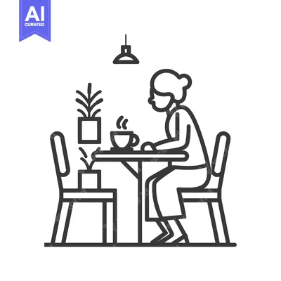 Woman Sitting at a Table with a Cup of Coffee and Plants