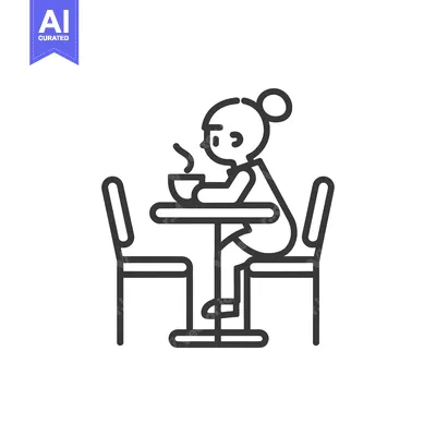 Aset desain premium: Woman Sitting at a Table with a Cup of Hot Drink