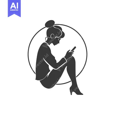 Aset desain premium: Woman Sitting in a Circle Holding a Smartphone