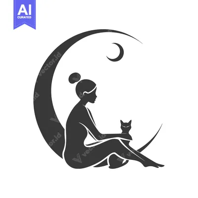 Woman Sitting on a Crescent Moon with a Cat