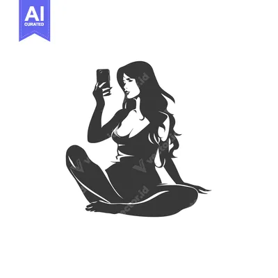 Aset desain premium: Woman Sitting Taking a Selfie with a Smartphone