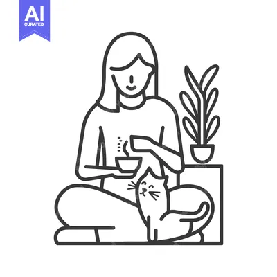 Woman Sitting with Cat and Drinking Tea