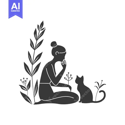 Woman Sitting with Cat and Plants in Silhouette