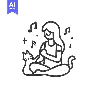 Woman Sitting with Cat, Surrounded by Music Notes
