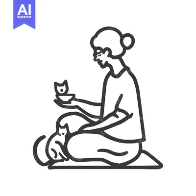 Woman Sitting with Two Cats, Holding a Small Bowl