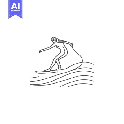Woman surfing on a wave in a line art style