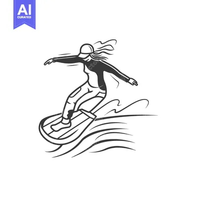 Aset desain premium: Woman Surfing on a Wave with Long Hair and a Wetsuit