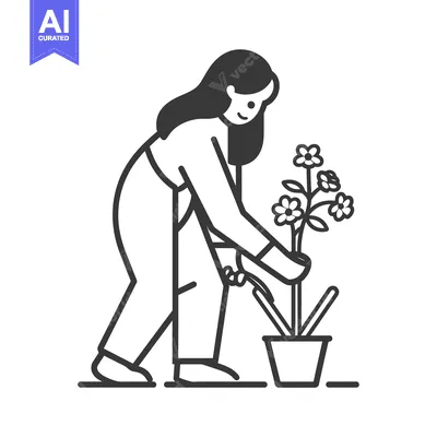 Woman tending to a flowering plant in a pot